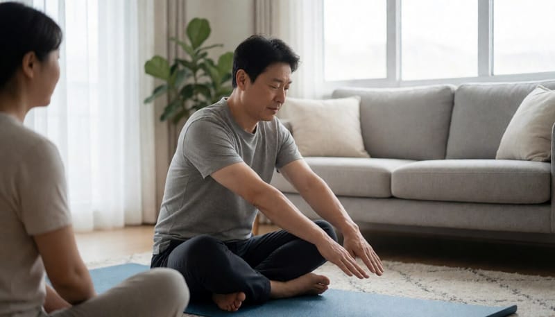 집에서 스트레칭 동작을 하는 중년 남성
