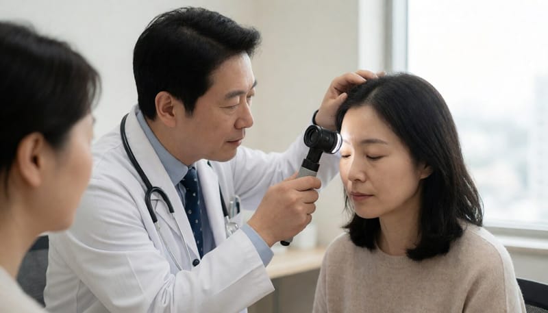 피부과에서 두피를 검사받는 여성 환자