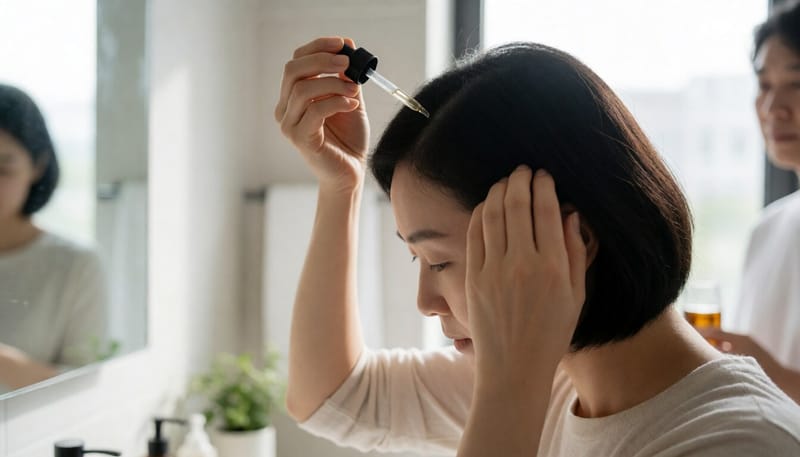 두피에 바르는 탈모 치료제를 도포하는 모습