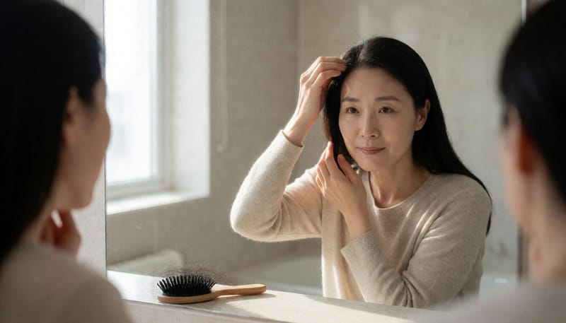 거울 앞에서 머리 가르마를 살펴보는 여성의 모습