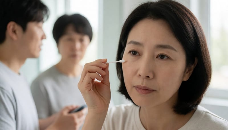 면봉으로 귀를 후비려다 멈칫하는 모습