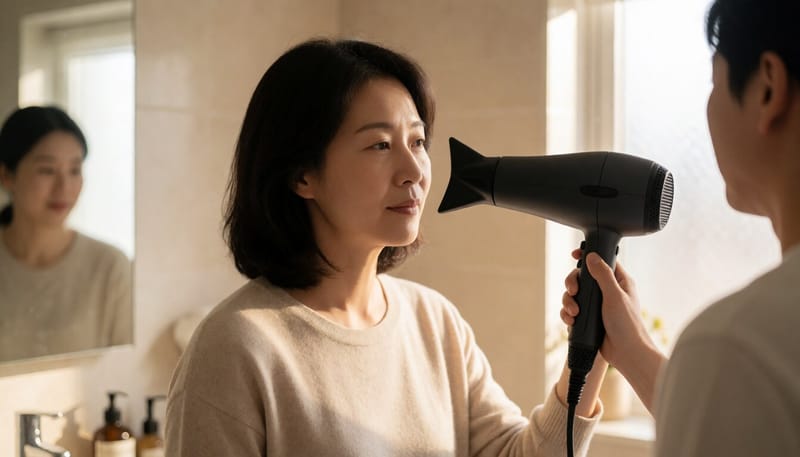 드라이기 바람으로 귀 물기를 말리는 모습
