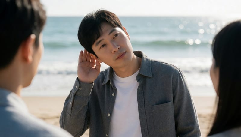물놀이 후 귀를 기울여 물을 빼려는 남성의 모습