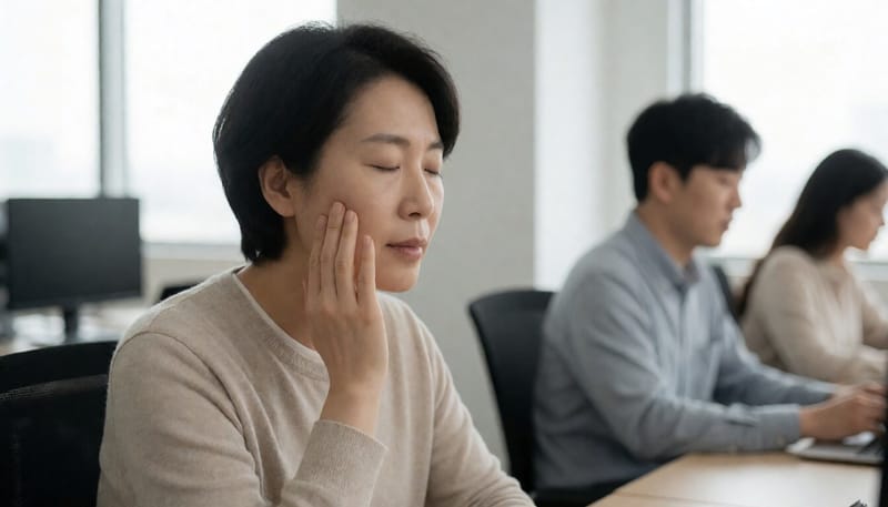 턱을 만지며 통증을 느끼는 직장인의 모습