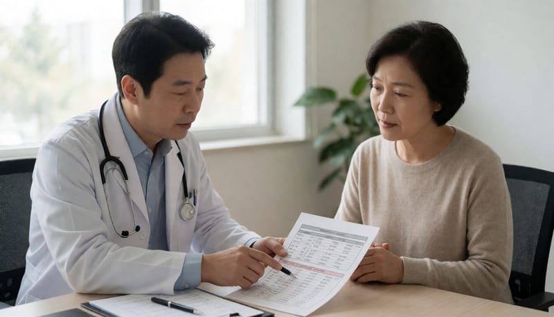 의사가 콜레스테롤 검사지를 짚으며 설명하는 모습