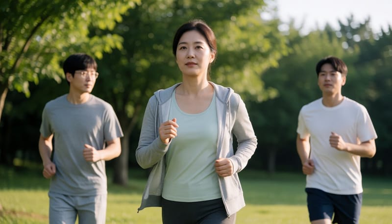 공원에서 아침 조깅을 하는 여성의 모습