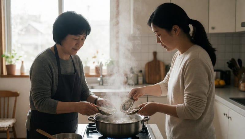 냄비에서 충분히 가열되고 있는 굴 요리