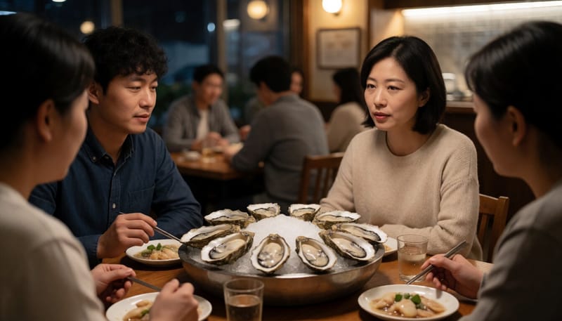 얼음 위에 놓인 신선한 생굴 접시