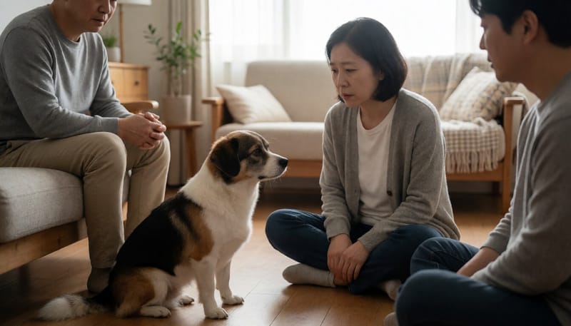 바닥에 앉아 불편해하는 반려견을 살피는 보호자