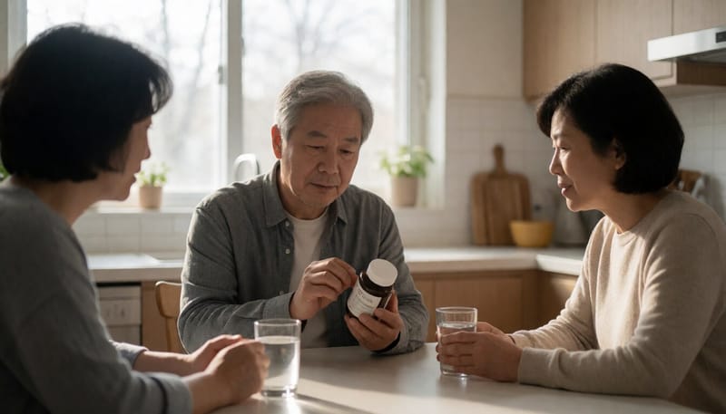 식탁에서 보충제를 살펴보는 중년 남성