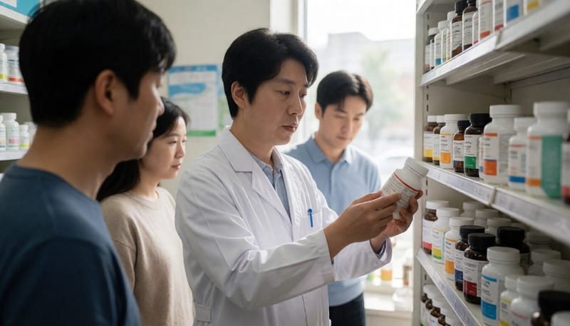 약국 진열대에서 보충제 성분을 확인하는 약사