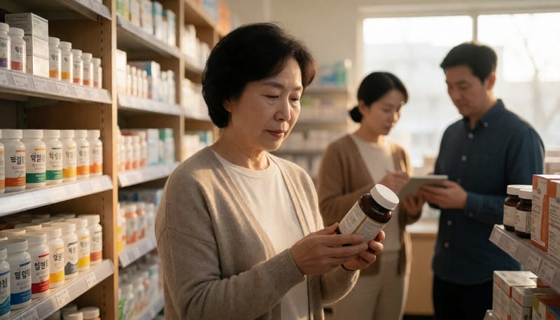 건강기능식품 매장에서 보충제 라벨을 살펴보는 중년 여성
