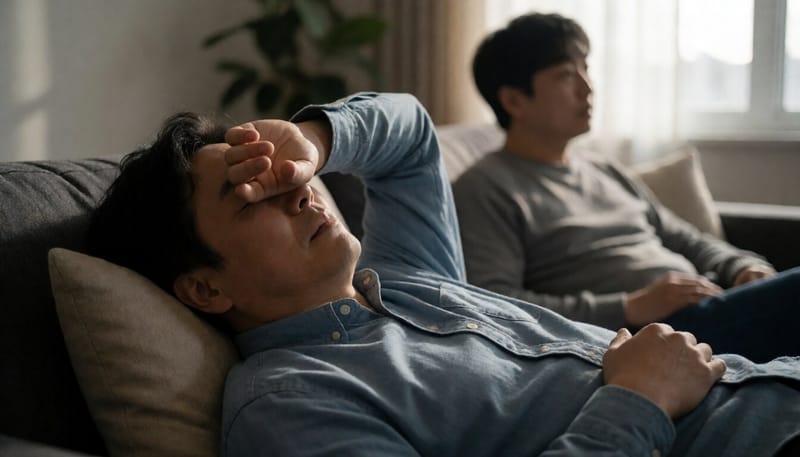소파에 누워 피로해하는 남성