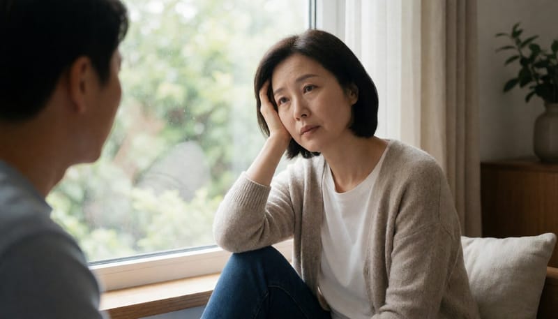 창가에 앉아 피로한 표정으로 쉬고 있는 여성