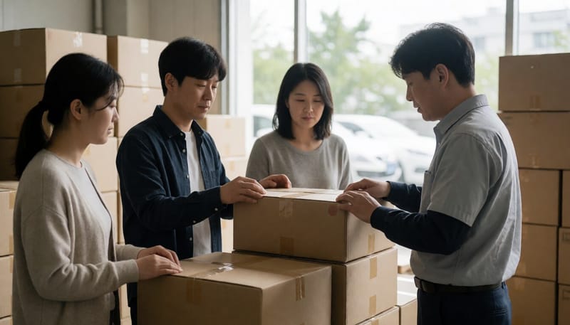 수출용 식품 상자를 점검하는 창고 작업자