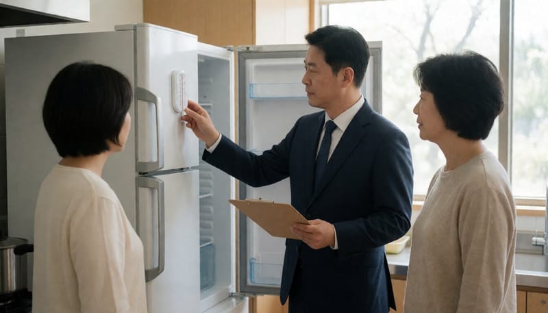 어린이집 조리실에서 냉장고 온도를 점검하는 담당자