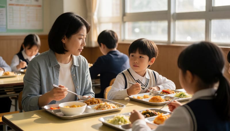 학교 급식실에서 식사하는 학부모와 자녀