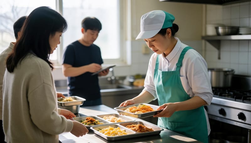 학교 급식실에서 위생 점검을 하는 조리종사자의 모습