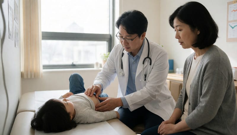 소아과에서 아이의 배를 진찰하는 의사와 지켜보는 보호자