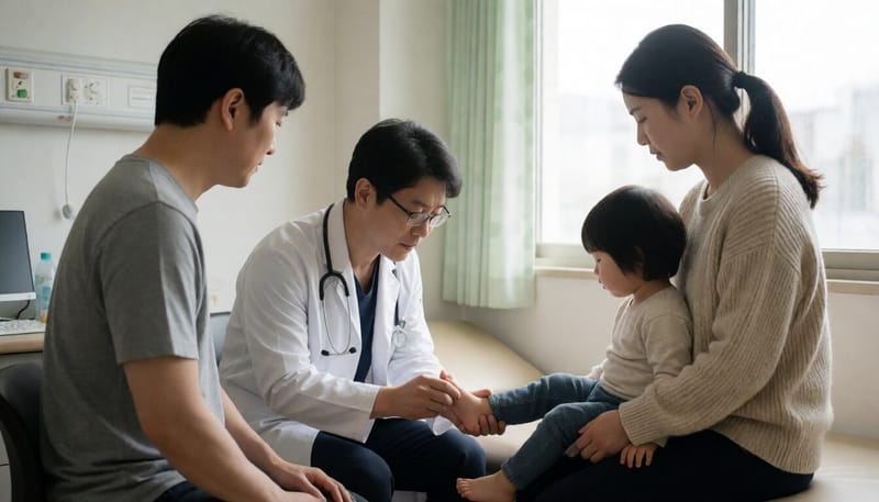 소아과에서 발바닥 물집을 확인하는 의료진
