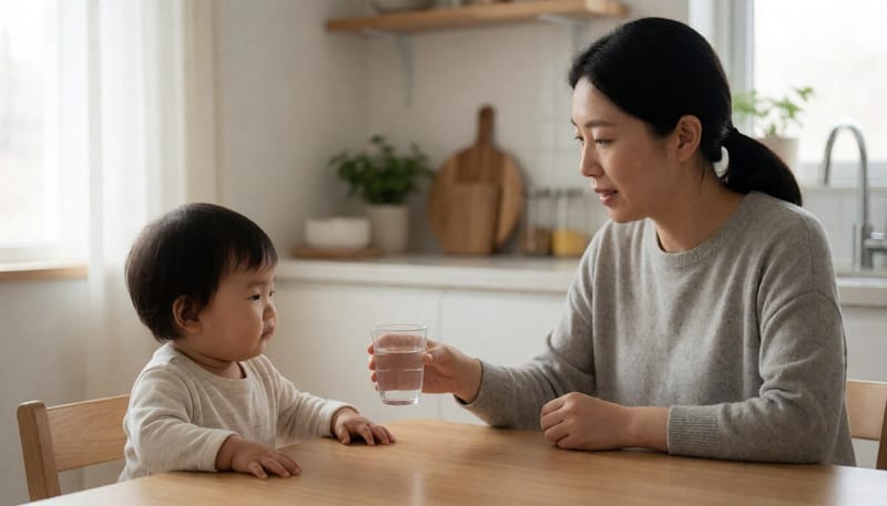 아이에게 수분을 보충해주는 부모의 모습