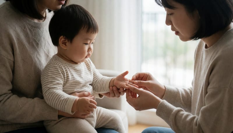 손바닥에 물집이 생긴 아이를 살펴보는 부모의 모습