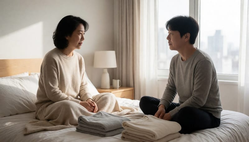 통풍이 잘되는 속옷과 침구가 놓인 침실 풍경