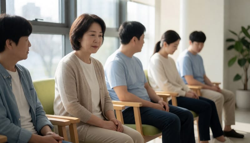 아랫배를 손으로 짚고 있는 여성의 모습