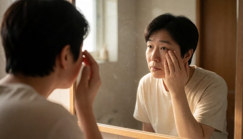 거울을 보며 눈꺼풀 상태를 확인하는 사람