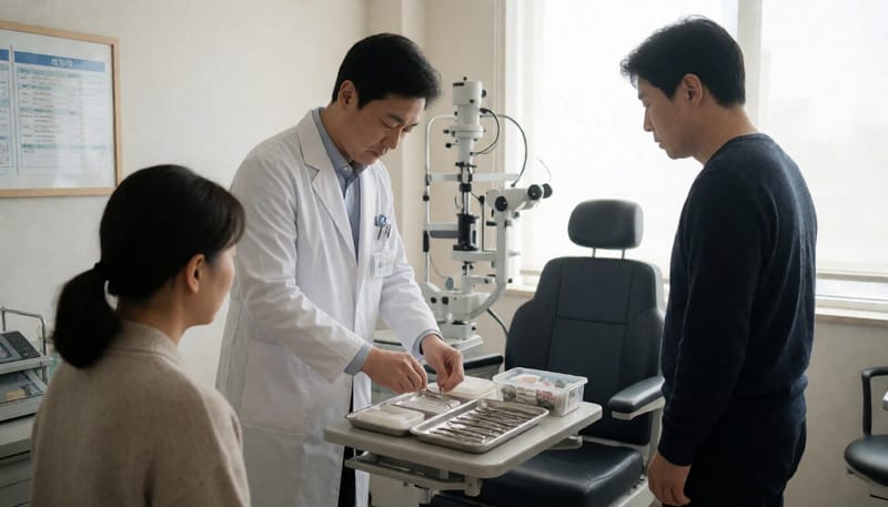 안과 진료실에서 소독된 의료기구를 준비하는 모습
