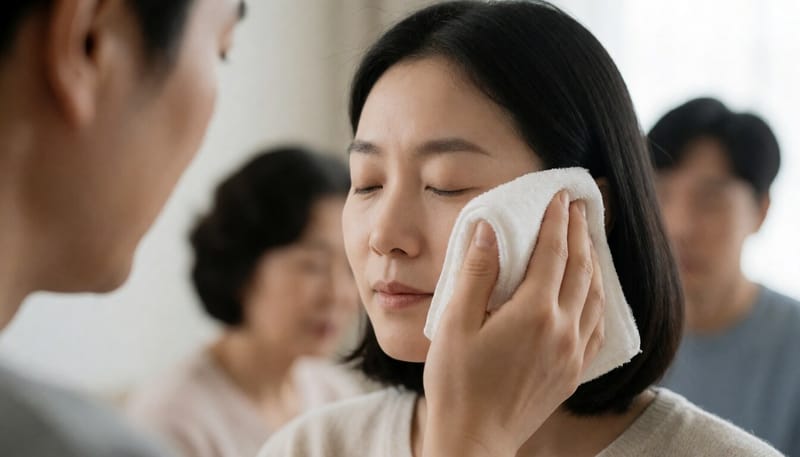 따뜻한 수건으로 눈꺼풀을 찜질하는 여성의 모습
