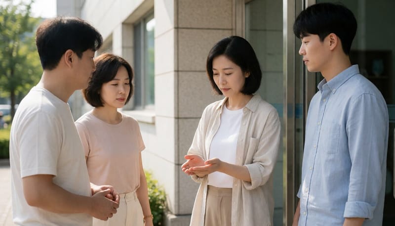 건물 입구에서 손소독제를 바르는 여성의 모습