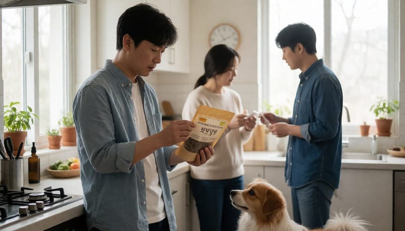 반려견 간식 포장을 꼼꼼히 살펴보는 보호자와 옆에서 기다리는 강아지