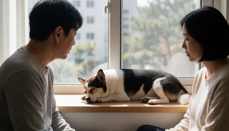 햇볕이 드는 창가에서 낮잠 자는 강아지