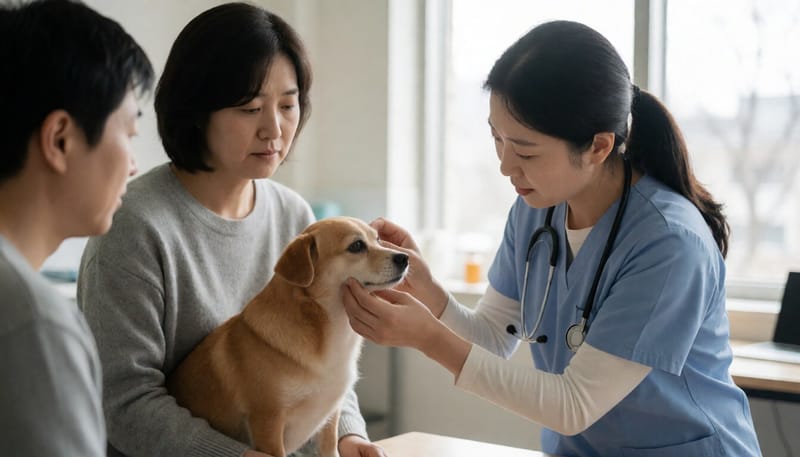 동물병원에서 강아지를 진료하는 수의사