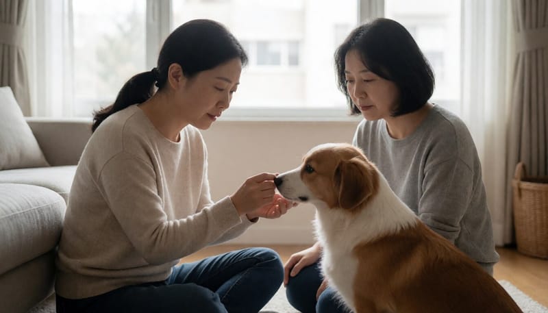 반려인이 강아지 코를 조심스럽게 살펴보는 모습