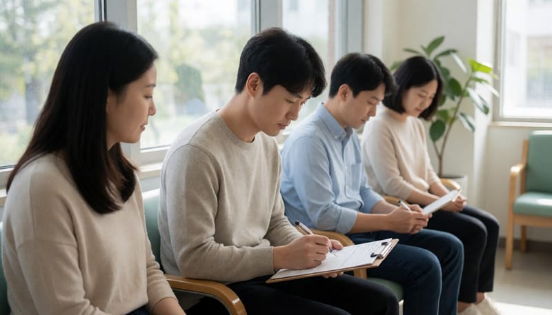 치과 대기실에서 서류를 작성하는 청년의 모습