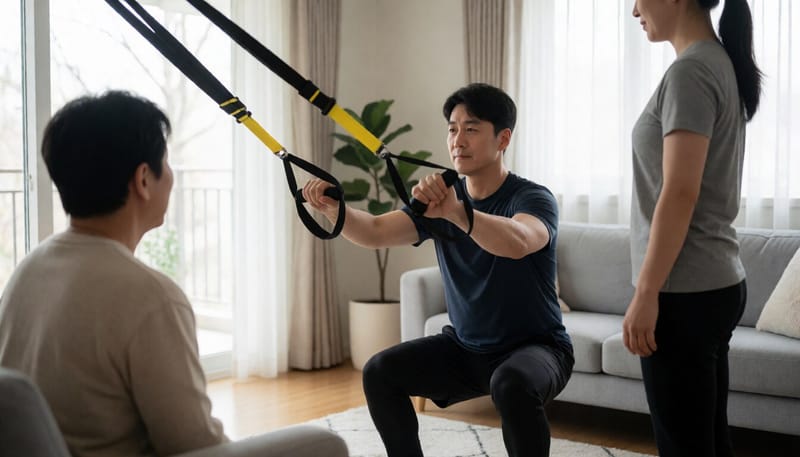 서스펜션 스트랩을 잡고 스쿼트 동작을 하는 모습