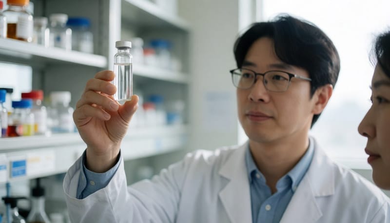실험실에서 배양액이 담긴 유리병을 살펴보는 연구원