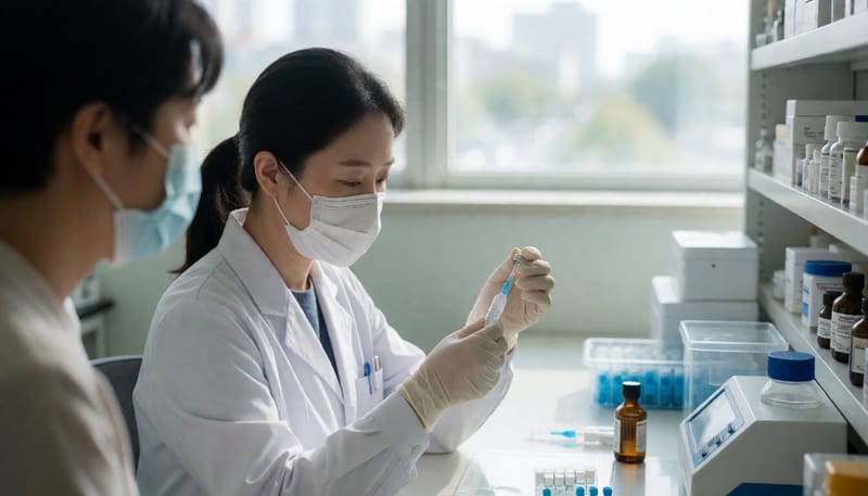 멸균 작업대에서 주사용 백신을 준비하는 약사