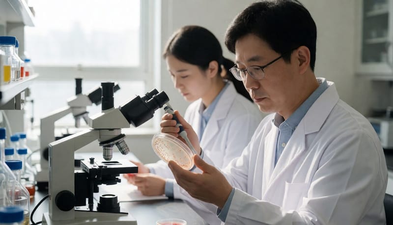 실험실에서 세균 배양 접시를 살펴보는 연구원의 모습