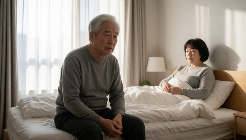 아침에 침대에서 피곤한 표정으로 앉아 있는 노년 남성