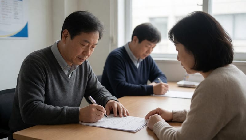 보건소에서 신청서를 작성하는 남성