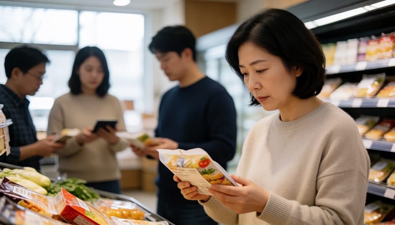 마트에서 식품 표시사항을 확인하는 소비자