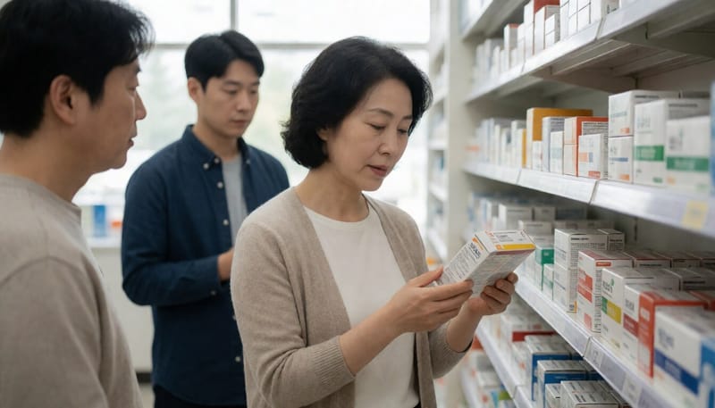 약국에서 제품 표시사항을 확인하는 소비자
