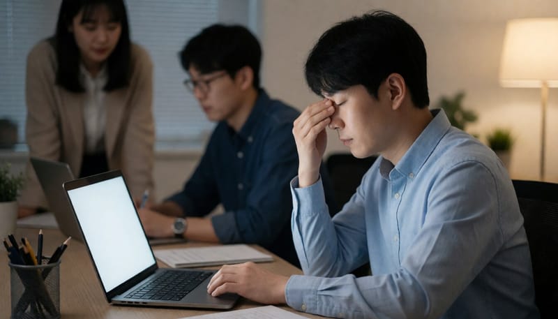 늦은 밤 피로에 지쳐 눈가를 문지르는 직장인