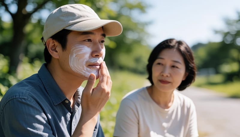 여름철 야외에서 자외선 차단제를 바르는 남성