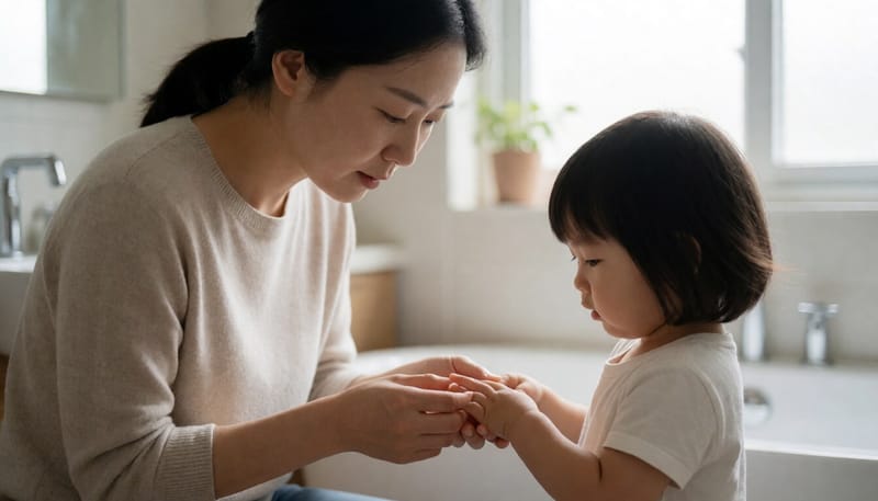 아이의 손과 손톱 상태를 살펴보는 보호자의 모습