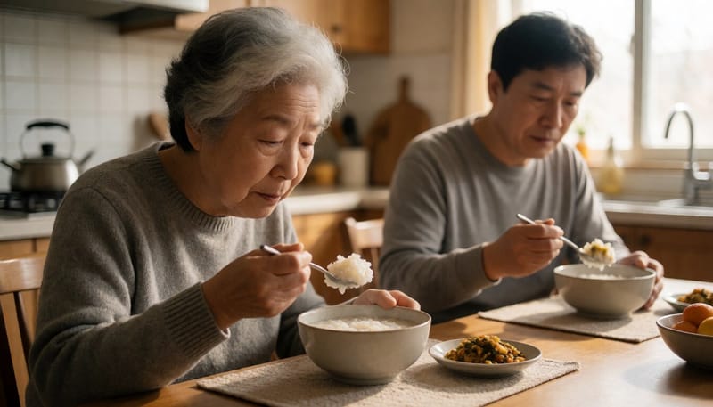 소량의 죽과 밑반찬으로 식사를 하는 노년 여성