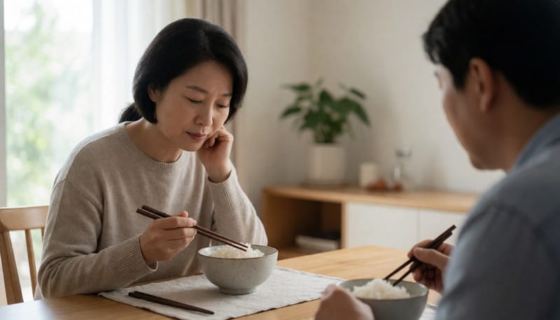 밥상 앞에서 입맛이 없어 숟가락을 들지 못하는 여성